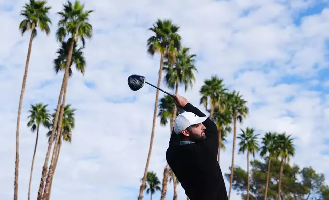 Scottie Scheffler hits from the second tee during the first round of the American Express golf event at La Quinta Country Club Thursday, Jan. 22, 2026, in La Quinta, Calif. (AP Photo/Ross D. Franklin)