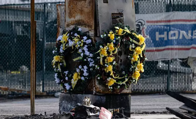 Wreaths displayed to honor those lost during the incident are seen during a tour of the UPS plane crash site, Tuesday, Jan. 13, 2026, in Louisville, Ky. (AP Photo/Jon Cherry)