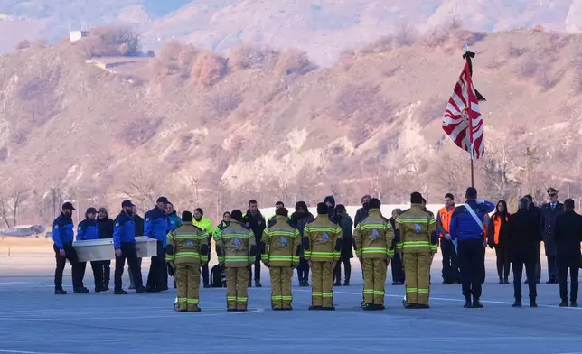 Police officers carry a coffin with a body of one of six Italians at the Military Airport in Sion, Swiss Alps, Switzerland, Monday, Jan. 5, 2026, following a devastating fire left dead and injured in a bar in Crans-Montana during the New Year's celebrations. (AP Photo/Antonio Calanni)