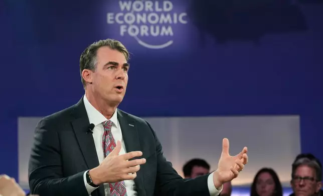 Oklahoma Gov. Kevin Stitt speaks during the Annual Meeting of the World Economic Forum in Davos, Switzerland, Wednesday, Jan. 21, 2026. (AP Photo/Markus Schreiber)