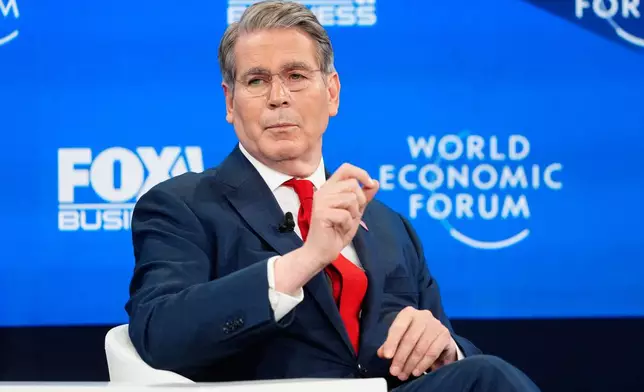 Scott Bessent, US Secretary of the Treasury speaks during the Annual Meeting of the World Economic Forum in Davos, Switzerland, Tuesday, Jan. 20, 2026. (AP Photo/Markus Schreiber)