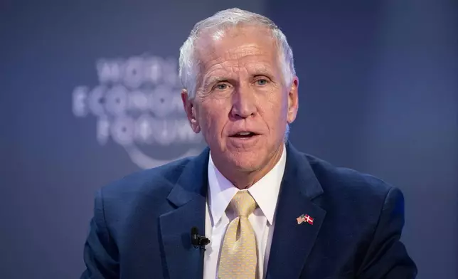 Senator Thom Tillis speaks during a panel session at the 56th annual meeting of the World Economic Forum, WEF, in Davos, Switzerland, Tuesday, Jan. 20, 2026. (Gian Ehrenzeller/Keystone via AP)