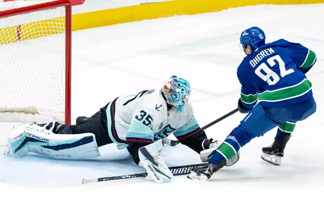 Seattle Kraken goaltender Joey Daccord (35) stops Vancouver Canucks' Liam Ohgren (92) in shootout NHL hockey action in Vancouver, Friday, Jan. 2, 2026. (Ethan Cairns/The Canadian Press via AP)