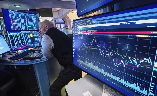 Specialist Meric Greenbaum works at his post on the floor of the New York Stock Exchange, Monday, Jan. 12, 2026. (AP Photo/Richard Drew)