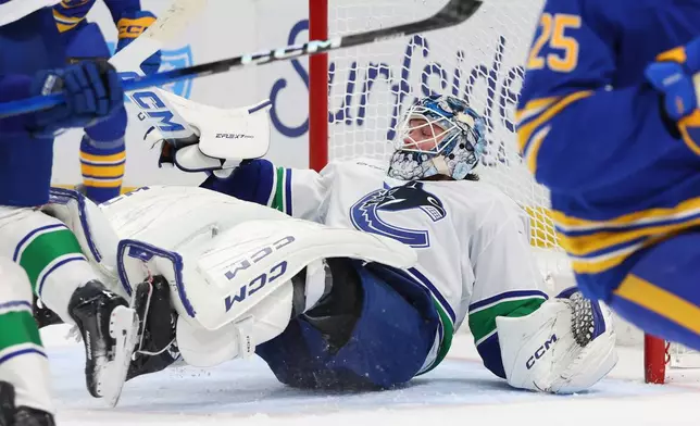 Vancouver Canucks goaltender Thatcher Demko (35) looks for the puck in traffic during the first period of an NHL hockey game against the Buffalo Sabres Tuesday, Jan. 6, 2026, in Buffalo, N.Y. (AP Photo/Jeffrey T. Barnes)