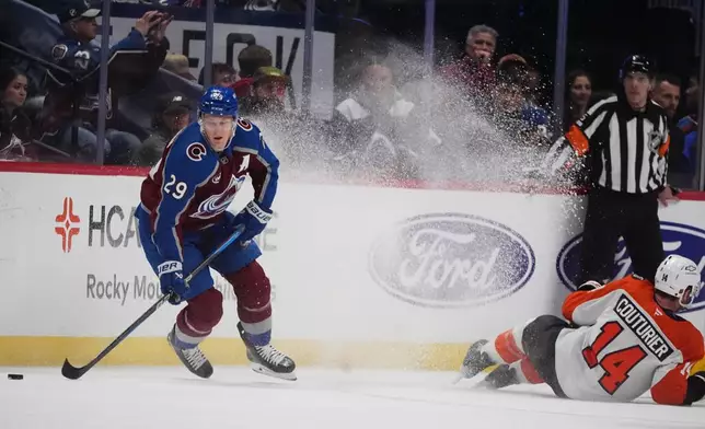 Colorado Avalanche center Nathan MacKinnon, left, collects the puck as Philadelphia Flyers center Sean Couturier (14) tumbles to the ice in the second period of an NHL hockey game Friday, Jan. 23, 2026, in Denver. (AP Photo/David Zalubowski)