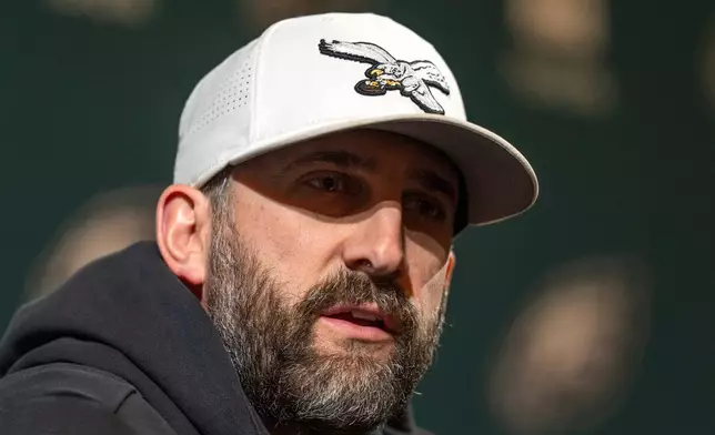 Philadelphia Eagles head coach Nick Sirianni speaks with the media during a news conference at the NFL football team's training facility, Thursday, Jan. 15, 2026, in Philadelphia. (AP Photo/Chris Szagola)