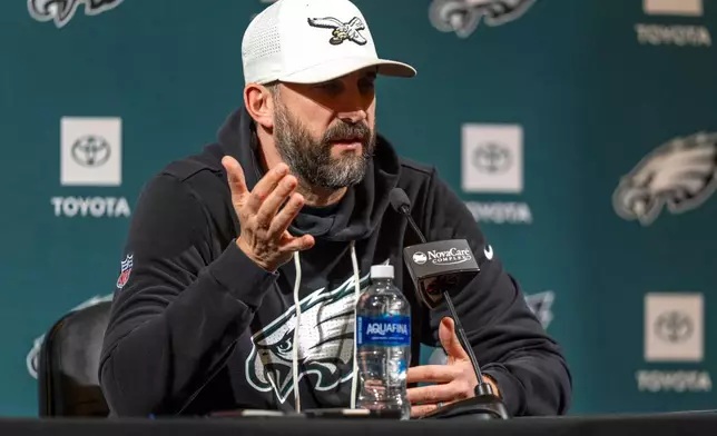 Philadelphia Eagles head coach Nick Sirianni speaks with the media during a news conference at the NFL football team's training facility, Thursday, Jan. 15, 2026, in Philadelphia. (AP Photo/Chris Szagola)