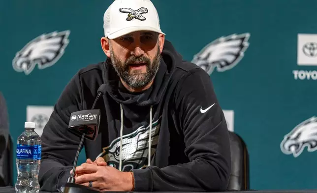 Philadelphia Eagles head coach Nick Sirianni speaks with the media during a news conference at the NFL football team's training facility, Thursday, Jan. 15, 2026, in Philadelphia. (AP Photo/Chris Szagola)