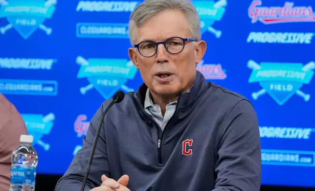 Paul Dolan, Cleveland Guardians owner, chairman and CEO, speaks during a news conference to announce the contract extension of third baseman Jose Ramirez in Cleveland, Thursday, Jan. 29, 2026. (AP Photo/Sue Ogrocki)