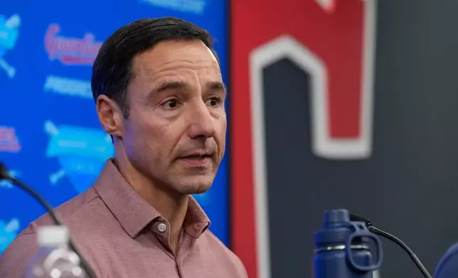 Chris Antonetti, Cleveland Guardians president, baseball operations, speaks during a news conference to announce the contract extension of third baseman Jose Ramirez in Cleveland, Thursday, Jan. 29, 2026. (AP Photo/Sue Ogrocki)