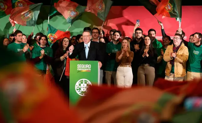 Presidential candidate Antonio Jose Seguro, of the center-left Socialist Party, delivers a speech at his campaign closing rally ahead of Sunday's presidential election, in Lisbon, Friday, Jan. 16, 2026. (AP Photo/Armando Franca)