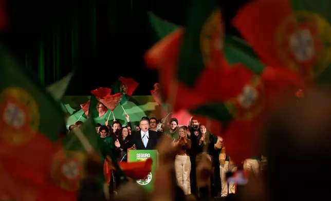Presidential candidate Antonio Jose Seguro, of the center-left Socialist Party, delivers a speech at his campaign closing rally ahead of Sunday's presidential election, in Lisbon, Friday, Jan. 16, 2026. (AP Photo/Armando Franca)