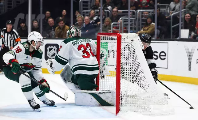 Los Angeles Kings right wing Adrian Kempe, right, skates around the goal as Minnesota Wild right wing Mats Zuccarello (36) watches and goaltender Filip Gustavsson (32) looks on during the second period of an NHL hockey game, Monday, Jan. 5, 2026, in Los Angeles. (AP Photo/Jessie Alcheh)