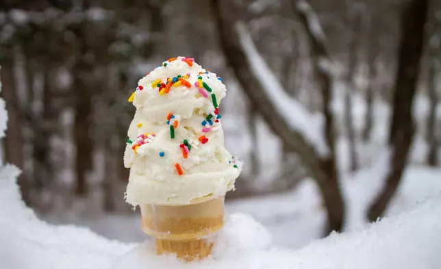 A cone of snow cream, made by mixing sweetened condensed milk with fresh snow, is seen Tuesday, Jan. 27, 2026, in Bow, N.H. (AP Photo/Holly Ramer)