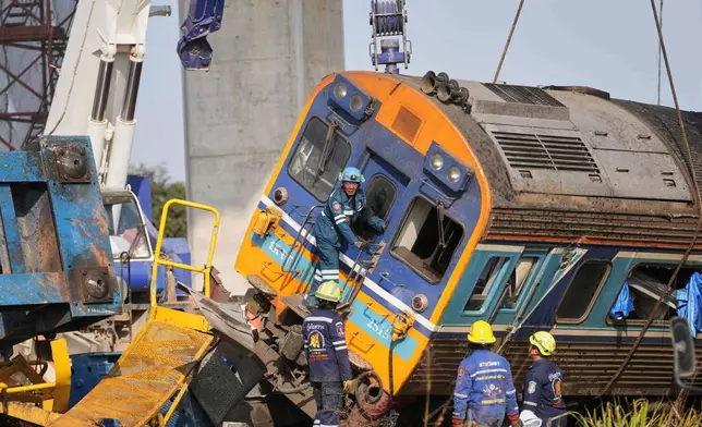 Rescuers work amidst the wreckage after a construction crane fell into a passenger train in Nakhon Ratchasima province, Thailand, Wednesday, Jan.14, 2026. (AP Photo/Sakchai Lalit))