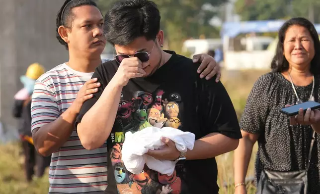 Relatives of the victims react near the site where a construction crane fell into a passenger train on Wednesday, in Nakhon Ratchasima province, Thailand, Thursday, Jan. 15, 2026. (AP Photo/Sakchai Lalit)