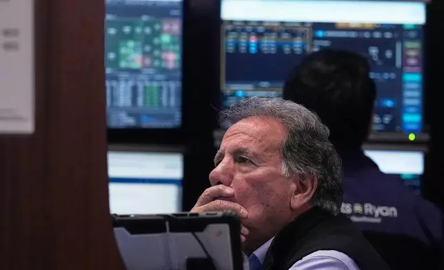 Trader Sal Suarino works on the floor of the New York Stock Exchange, Monday, Jan. 12, 2026. (AP Photo/Richard Drew)