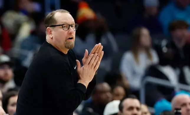 Philadelphia 76ers head coach Nick Nurse watches during the first half of an NBA basketball game against the Charlotte Hornets, Monday, Jan. 26, 2026, in in Charlotte, N.C. (AP Photo/Nell Redmond)