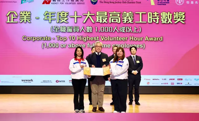 The Hong Kong Jockey Club was honoured with a Top Ten Highest Volunteer Hour Award.