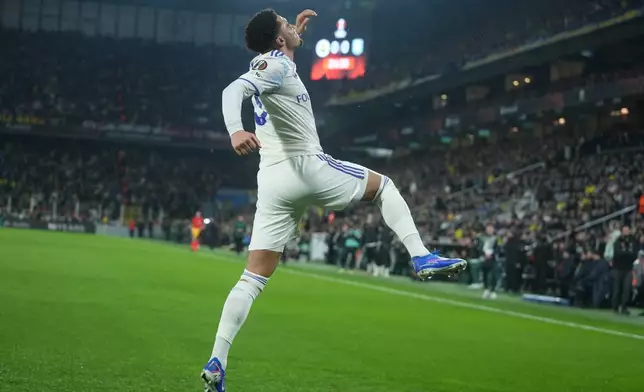 Aston Villa's Jadon Sancho, celebrates scoring the opening goal during a Europa League opening phase soccer match between Fenerbahce and Aston Villa, in Istanbul, Turkey, Thursday, Jan. 22, 2026. (AP Photo/Francisco Seco)