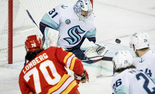 Seattle Kraken goalie Philipp Grubauer (31) deflects a shot by Calgary Flames' Ryan Lomberg (70) during first-period NHL hockey game action in Calgary, Alberta, Monday, Jan. 5, 2026. (Jeff McIntosh/The Canadian Press via AP)