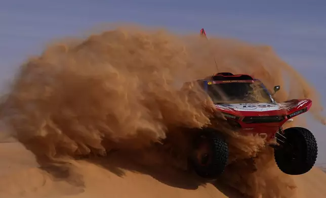 Driver Simon Vitse and co-driver Max Delfino compete during the sixth stage of the Dakar Rally between Hail and Riyadh, Saudi Arabia, Friday, Jan. 9, 2026. (AP Photo/Thibault Camus)