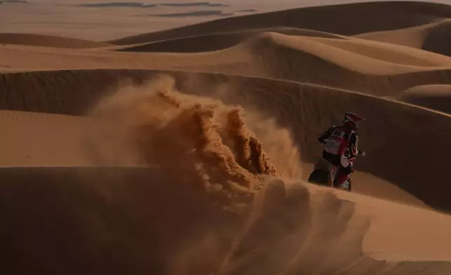 Rider Neels Theric competes during the eighth stage of the Dakar Rally with a start and finish at Wadi Ad Dawasir, Saudi Arabia, Monday, Jan.12, 2026. (AP Photo/Thibault Camus)
