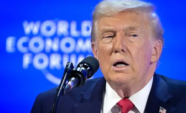 President Donald Trump speaks during the 56th annual meeting of the World Economic Forum, WEF, in Davos, Switzerland, Wednesday, Jan. 21, 2026. (Gian Ehrenzeller/Keystone via AP)