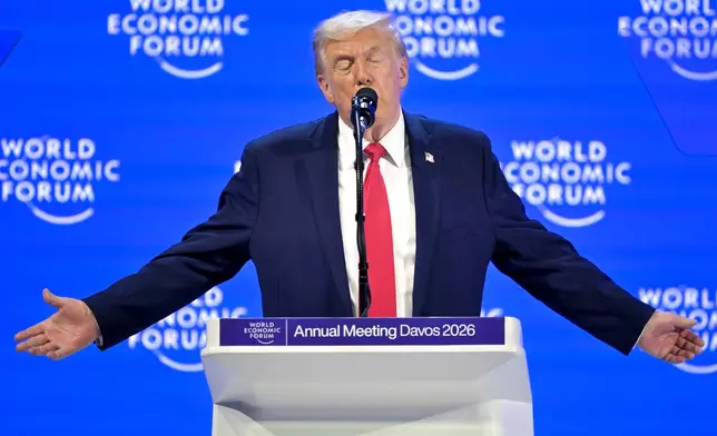 President Donald Trump speaks during the 56th annual meeting of the World Economic Forum, WEF, in Davos, Switzerland, Wednesday, Jan. 21, 2026. (Gian Ehrenzeller/Keystone via AP)