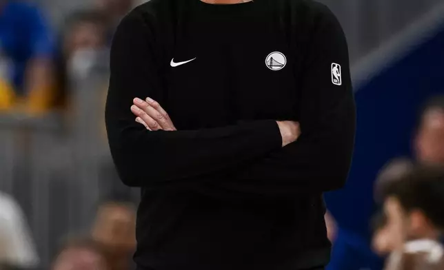 Golden State Warriors head coach Steve Kerr looks on during the first half of an NBA basketball game against the Utah Jazz, Saturday, Jan. 3, 2026, in San Francisco. (AP Photo/Justine Willard)