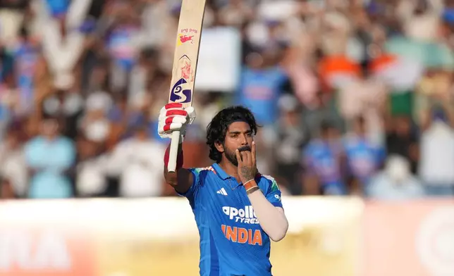 India's KL Rahul celebrates after scoring a century during the second One Day International cricket match between India and New Zealand in Rajkot, India, Wednesday, Jan. 14, 2026. (AP Photo/Ajit Solanki)