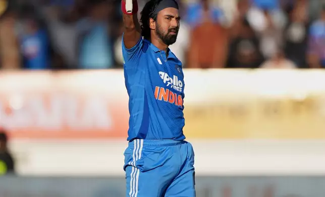 India's KL Rahul celebrates after scoring a century during the second One Day International cricket match between India and New Zealand in Rajkot, India, Wednesday, Jan. 14, 2026. (AP Photo/Ajit Solanki)