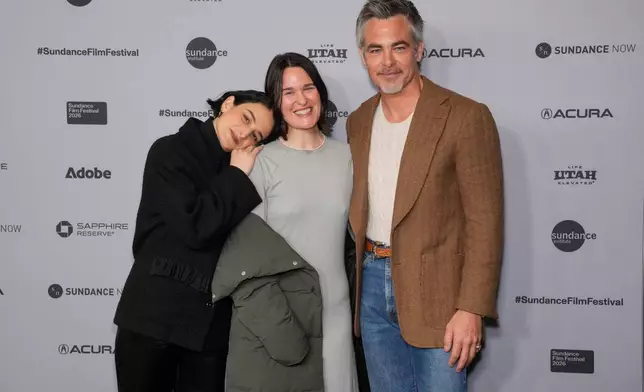 Jenny Slate, from left, director Rachel Lambert, and Chris Pine attend the premiere of "Carousel" during the Sundance Film Festival on Thursday, Jan. 22, 2026, at Eccles Center in Park City, Utah. (Photo by Charles Sykes/Invision/AP)