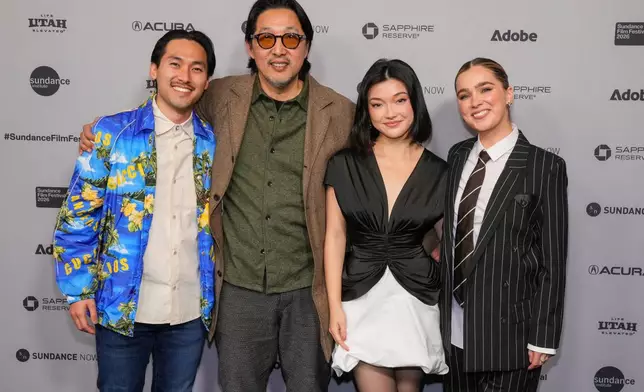 Jin Ha, from left, director Kogonada, Michelle Mao, and Haley Lu Richardson attend the premiere of "Zi" during the Sundance Film Festival on Saturday, Jan. 24, 2026, at The Ray Theatre in Park City, Utah. (Photo by Charles Sykes/Invision/AP)