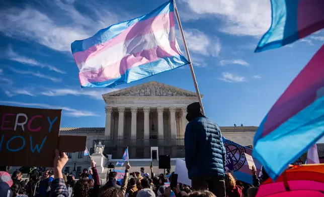 Protesters wave transgender pride flags outside the Supreme Court as it hears arguments over state laws barring transgender girls and women from playing on school athletic teams, Tuesday, Jan. 13, 2026, in Washington. (AP Photo/Julia Demaree Nikhinson)