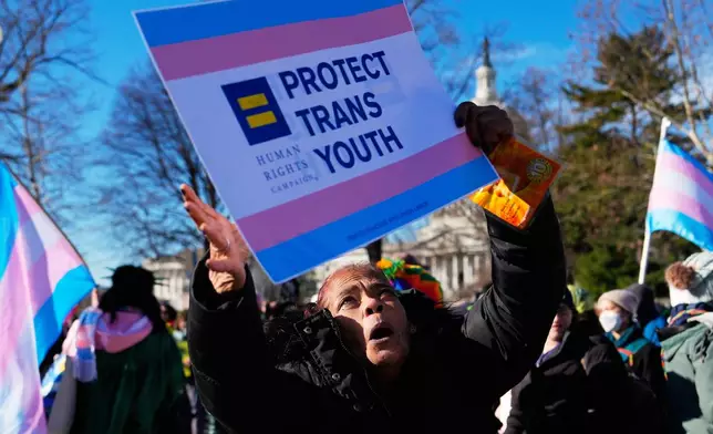 Protesters gather outside the Supreme Court as it hears arguments over state laws barring transgender girls and women from playing on school athletic teams, Tuesday, Jan. 13, 2026, in Washington. (AP Photo/Julia Demaree Nikhinson)
