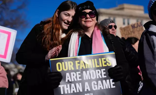 Protesters gather outside the Supreme Court as it hears arguments over state laws barring transgender girls and women from playing on school athletic teams, Tuesday, Jan. 13, 2026, in Washington. (AP Photo/Julia Demaree Nikhinson)