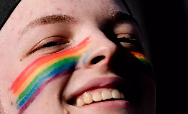 A protester chants outside the Supreme Court as the court hears arguments over state laws barring transgender girls and women from playing on school athletic teams, Tuesday, Jan. 13, 2026, in Washington. (AP Photo/Julia Demaree Nikhinson)