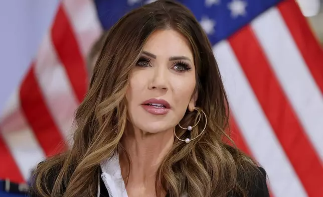 U.S. Homeland Security Secretary Kristi Noem speaks at a news conference at Harry Reid International Airport, Nov. 22, 2025, in Las Vegas. (AP Photo/Ronda Churchill, File)