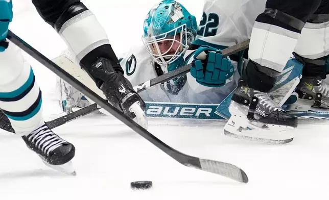 San Jose Sharks goaltender Yaroslav Askarov dives in front of the puck during the second period of an NHL hockey game against the Los Angeles Kings, Wednesday, Jan. 7, 2026, in Los Angeles. (AP Photo/Mark J. Terrill)