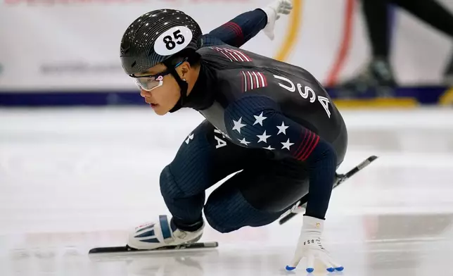 FILE - The United States' Andrew Heo skates during the semi-final of the men's 500 meters at the Four Continents Championship short track speedskating event Friday, Nov. 11, 2022, in Kearns, Utah. (AP Photo/Rick Bowmer, File)