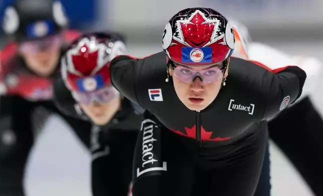FILE - Canada's Courtney Sarault competes in the women's 1500 meters quarter final of the World Championships Short Track at Ahoy Arena in Rotterdam, Netherlands, Friday, March 15, 2024. (AP Photo/Peter Dejong, File)