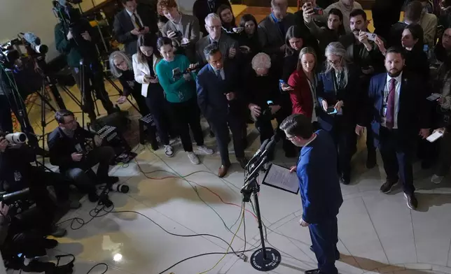 House Speaker Mike Johnson of La., speaks to reporters at the U.S. Capitol Monday, Jan. 5, 2026, in Washington, after a closed-door briefing about President Donald Trump directing U.S. forces to capture Venezuelan President Nicolas Maduro. (AP Photo/Jacquelyn Martin)