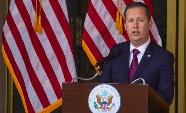U.S. Ambassador-designate to India Sergio Gor speaks to embassy officials and media upon his arrival at the embassy in New Delhi, India, Monday, Jan. 12, 2026. (AP Photo/Manish Swarup)