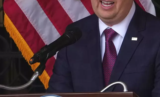 U.S. Ambassador-designate to India Sergio Gor speaks to embassy officials and media upon his arrival at the embassy in New Delhi, India, Monday, Jan. 12, 2026. (AP Photo/Manish Swarup)