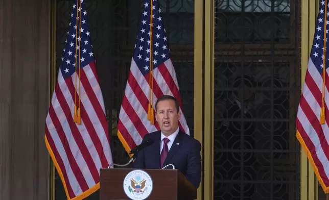 U.S. Ambassador-designate to India Sergio Gor speaks to embassy officials and media upon his arrival at the embassy in New Delhi, India, Monday, Jan. 12, 2026. (AP Photo/Manish Swarup)