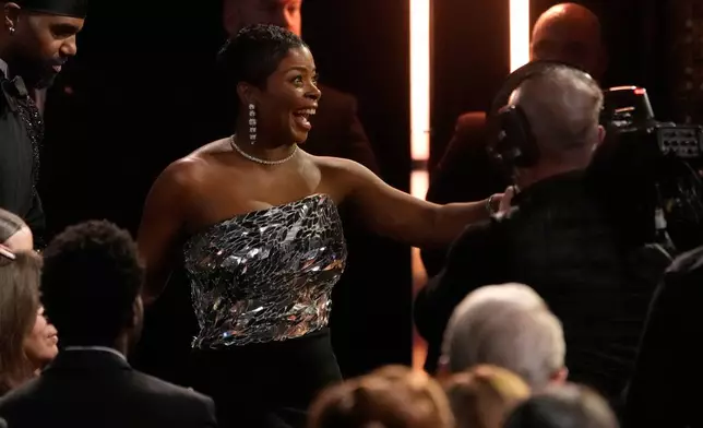 Janelle James reacts to winning the award for best supporting actress in a comedy series for "Abbott Elementary" during the 31st Annual Critics Choice Awards on Sunday, Jan. 4, 2026, at The Barker Hanger in Santa Monica, Calif. (AP Photo/Chris Pizzello)