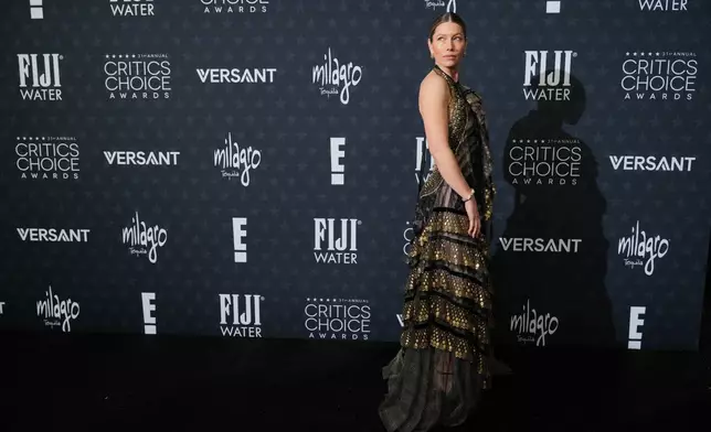 Jessica Biel arrives at the 31st Annual Critics Choice Awards on Sunday, Jan. 4, 2026, at The Barker Hanger in Santa Monica, Calif. (Photo by Jordan Strauss/Invision/AP)