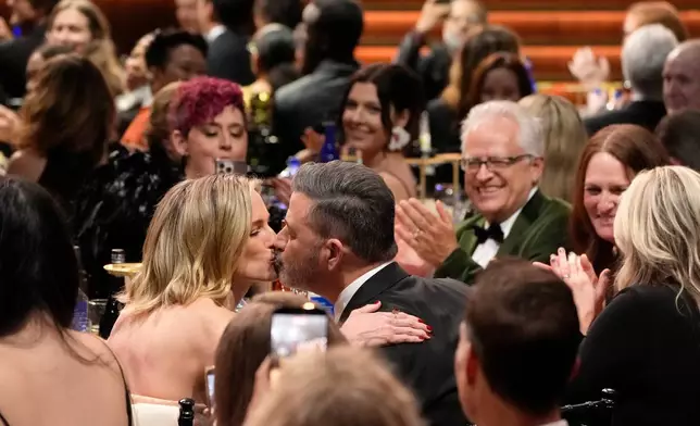 Jimmy Kimmel, right, kisses his wife, Molly McNearney, in the audience during the 31st Annual Critics Choice Awards on Sunday, Jan. 4, 2026, at The Barker Hanger in Santa Monica, Calif. (AP Photo/Chris Pizzello)